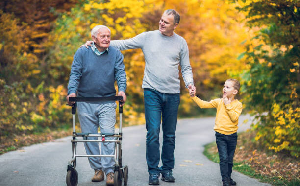 elderly father adult son and grandson out for a walk in the park.